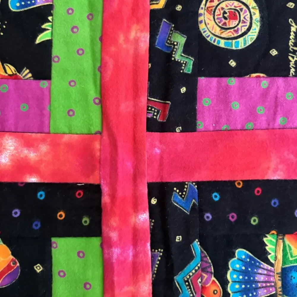 Vintage Laurel Burch Reversible Patchwork Quilt Throw Handmade Cat Dog Boho